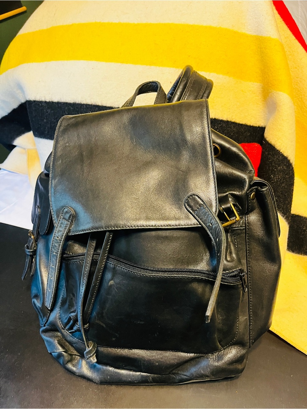 Ellington Black Leather Drawstring Backpack with Brass Hardware